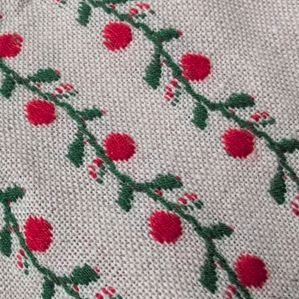 Farmhouse Scandinavian Table Runner Linen-Like Red Green Floral Vines Embroidery - Picture 2 of 9